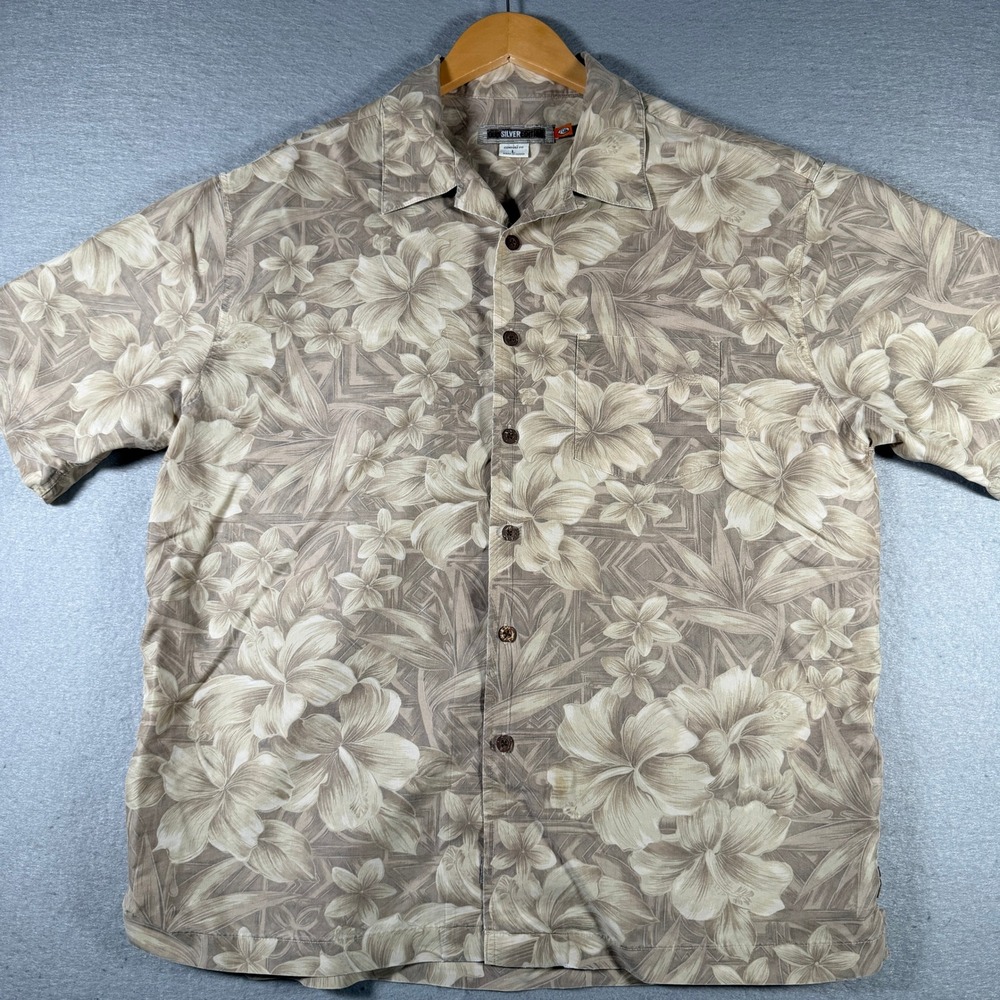 Vintage Quiksilver Edition Mens‎ Large Beige Floral Tencel Button Down Shirt L